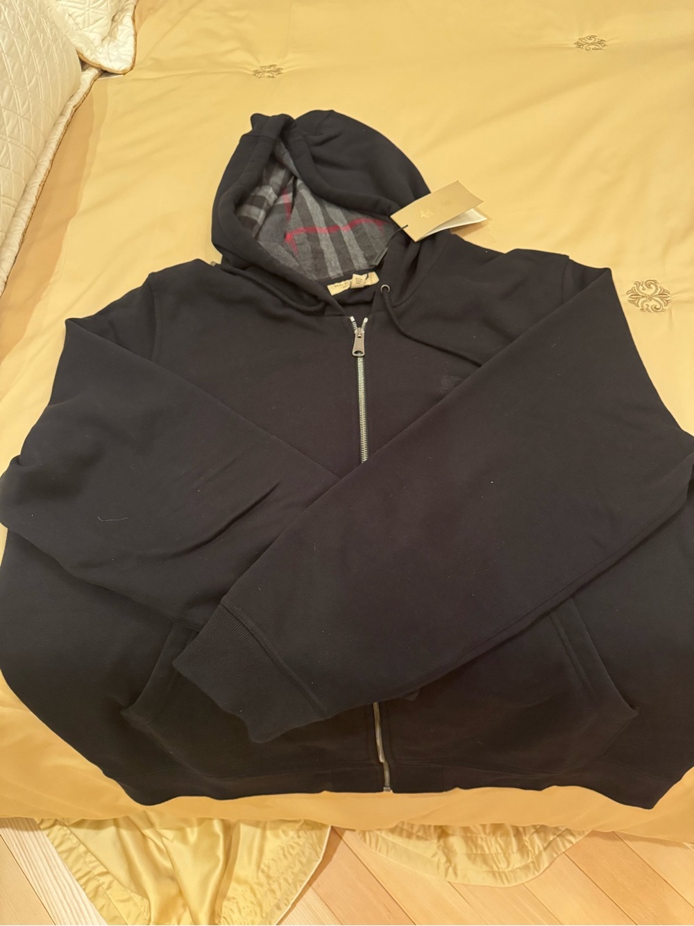 Burberry Black Zip-Up Hoodie with Plaid-Lined Hood Men’s XXXL